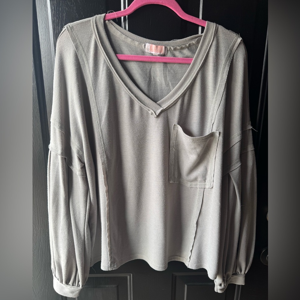 Gray Bell Sleeves V Neck Light Gray Women’s Top